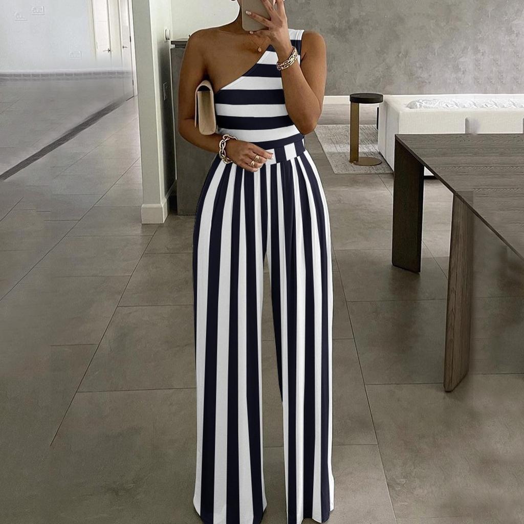 Einschultriger ärmelloser Overall für Damen Modedruck Weite Beine Hosen Strampler Eleganter Overall mit hoher Taille
