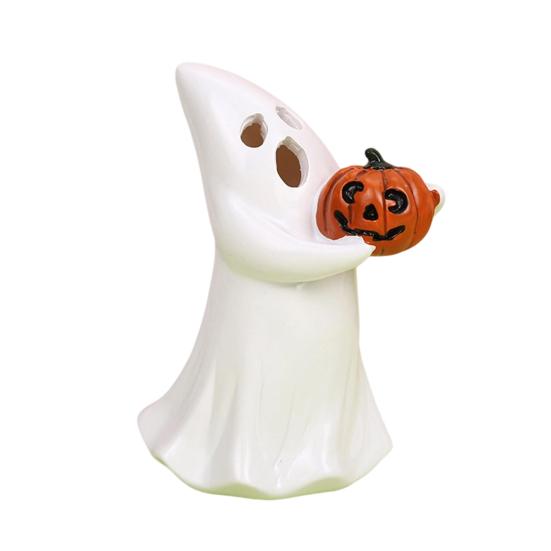 Halloweenská figurka duch Bílý duch držící dýni Kočka Strašidelná pryskyřičná ozdoba Rytá Halloweenská dekorace