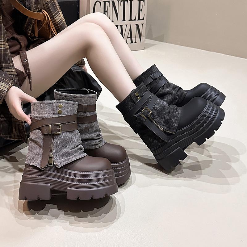 Spice Girl Style Belt Buckle Martin Boots Women's 2025 Autumn and Winter New Thick-soled Heightening Muffin Thin Fashion Trousers Short Boots