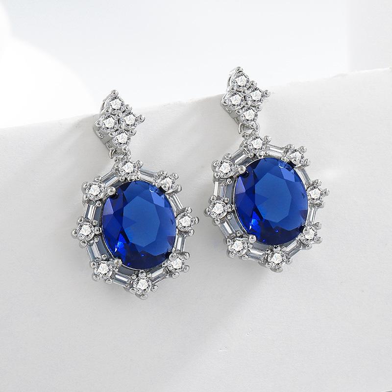 New Colorful Treasure Blue Gemstone Pigeon Egg Three-piece Luxury Set with Diamond Necklace Ring Earrings