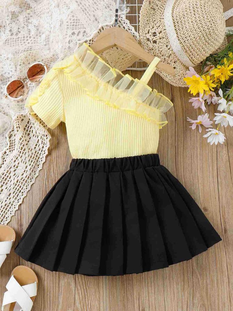Girls Fashion Set Spring Summer Children's Casual Oblique Shoulder Strap Splicing Mesh Lace Short Sleeve Pleated Skirt Two Sets