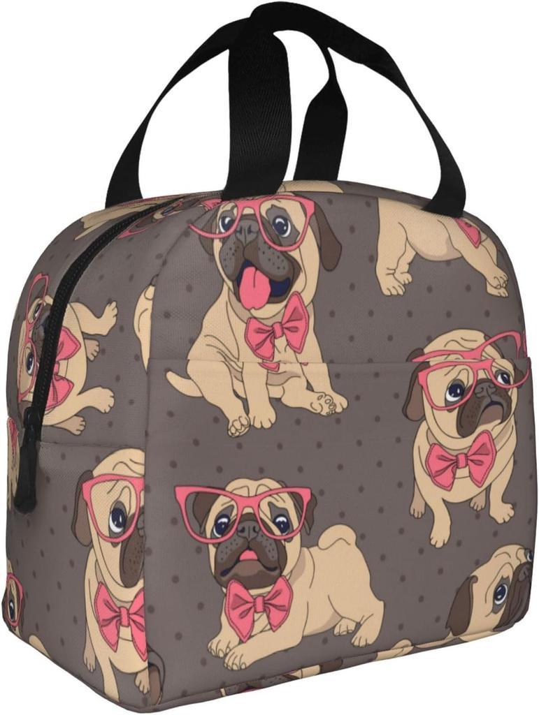 Cute Puppy Pug Dog Lunch Bag Box for Girls Women School Insulated Lunch Bag Reusable Portable Waterproof Cooler Travel Picnic