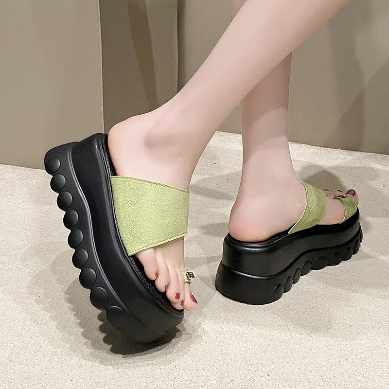 Fashion 7.5CM Women High Platform Slippers New 2025 Summer Beach Flip-Flops Ladies Wedge Heels Flock Shoes Woman Outside Chunky Sandals