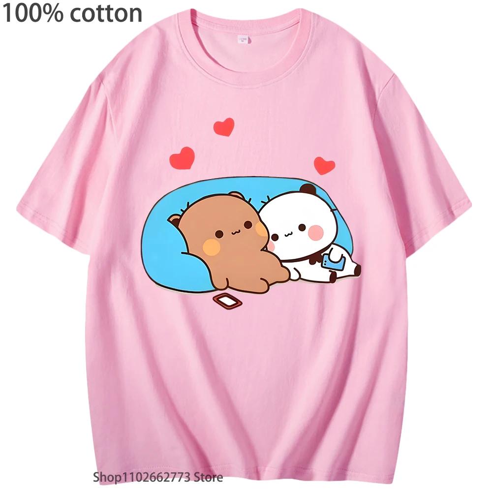 DuDu Bear and BuBu Panda’s Night Days Shirt Summer Clothes Women Kawaii Panda Bear Tshirts 100% Cotton Top Korean Styele Men