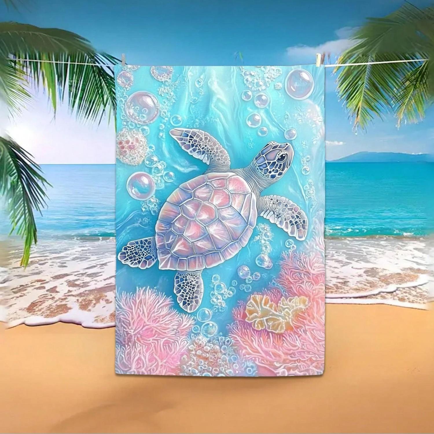 A turtle-patterned beach towel—decorated with vibrant marine life designs, perfect for swimming and outdoor activities. 50x100cm