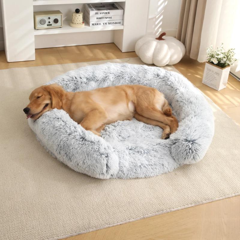 Neues rundes Plüsch-Haustierbett - Winterwarmes Hunde-Katzenbett mit langem Fell, gemütliche Schlafmatte, Kissen für kleine bis mittelgroße Haustiere