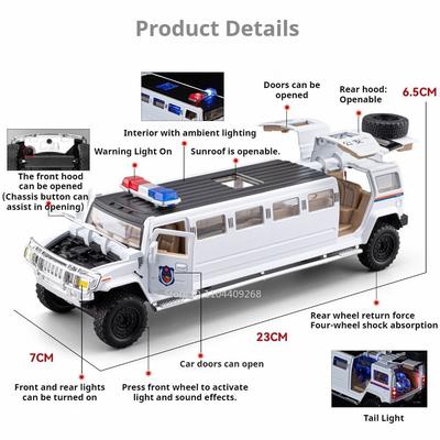 Scale 1:32 Extended Police Car Model Toy Alloy Body Rubber Tires Shock Absorption Off-road Vehicles Sound Light Holiday Gifts