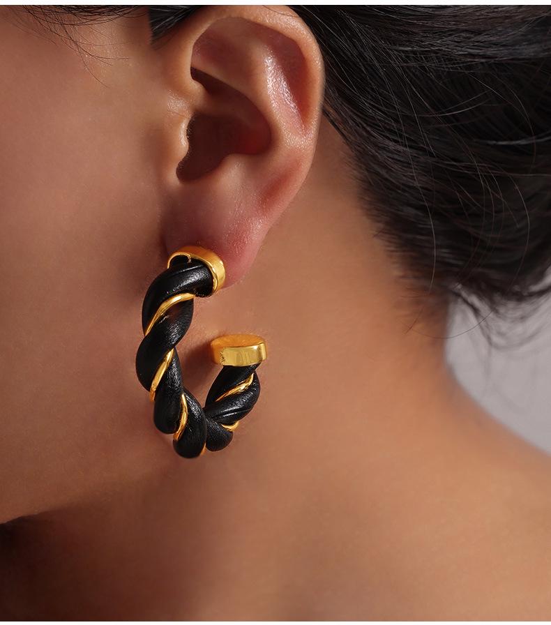 Retro Cable Knit Leather Earrings: French Chic C-Shaped Gold-Plated Copper Hoops