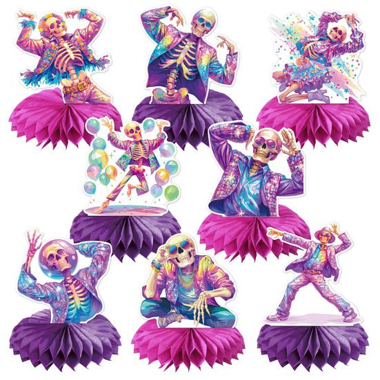 8 Pcs Halloween Disco Skeleton Honeycomb Centerpiece Glitter 80s Disco Skeleton Tabletop Honeycomb Ornament for Halloween Party Home Room Desk Decor