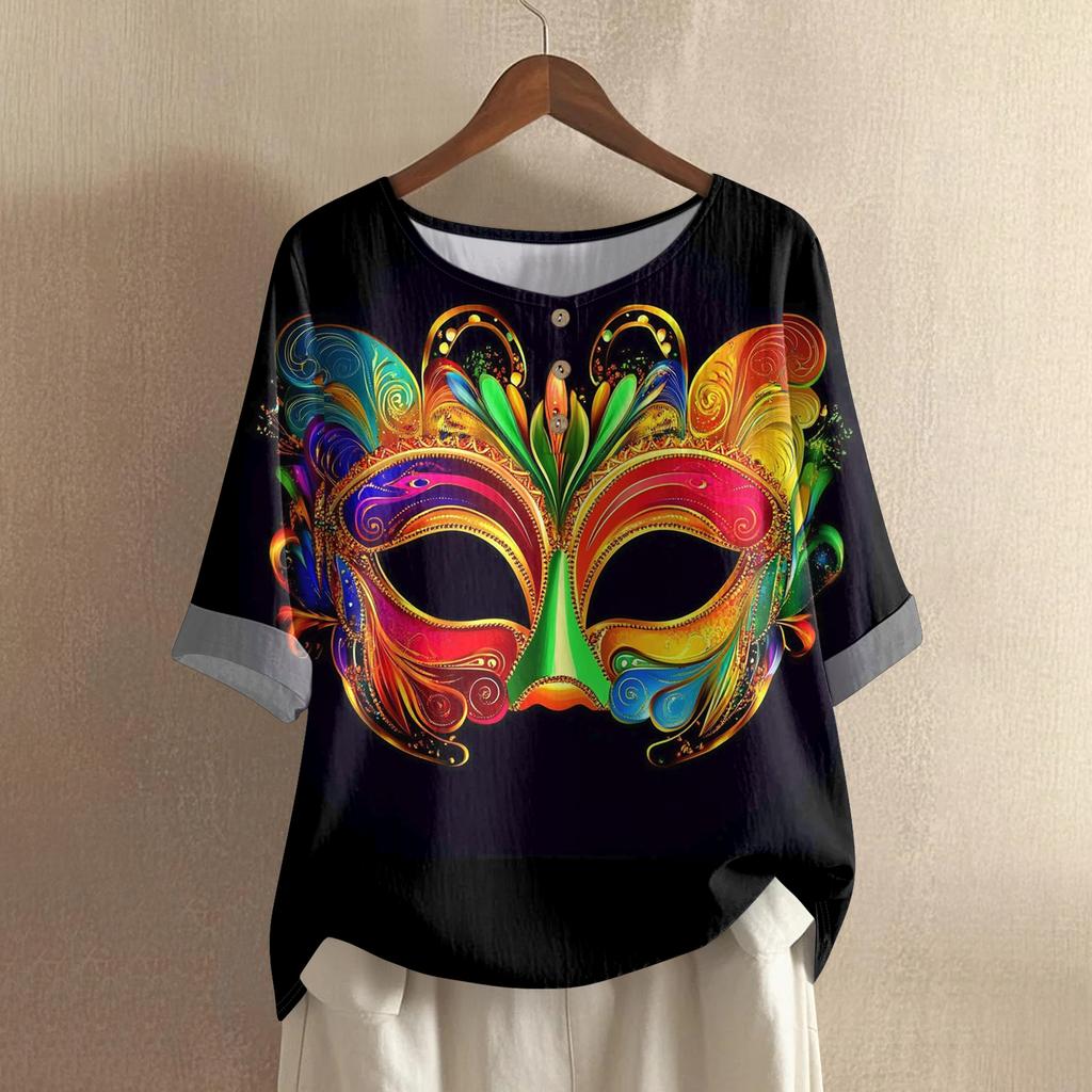 Women's Carnival Printed Casual Mid Sleeve Round Neck Cotton And Hemp Top