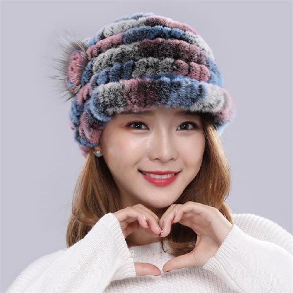 Autumn and Winter Rex Rabbit Fur Duckbill Hat with Rose Side Flower Women's Fox Fur Hat Knitted Warm Thick Fashion Hat with Brim
