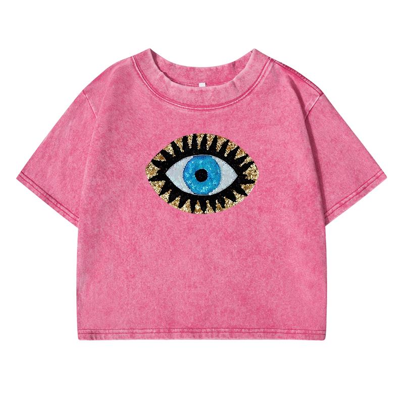 Blue Eyesprinting Women Washed Short Clothes Casual Fashion Tshirts Street Distress Midriff-Baring Tee Tops T Shirts