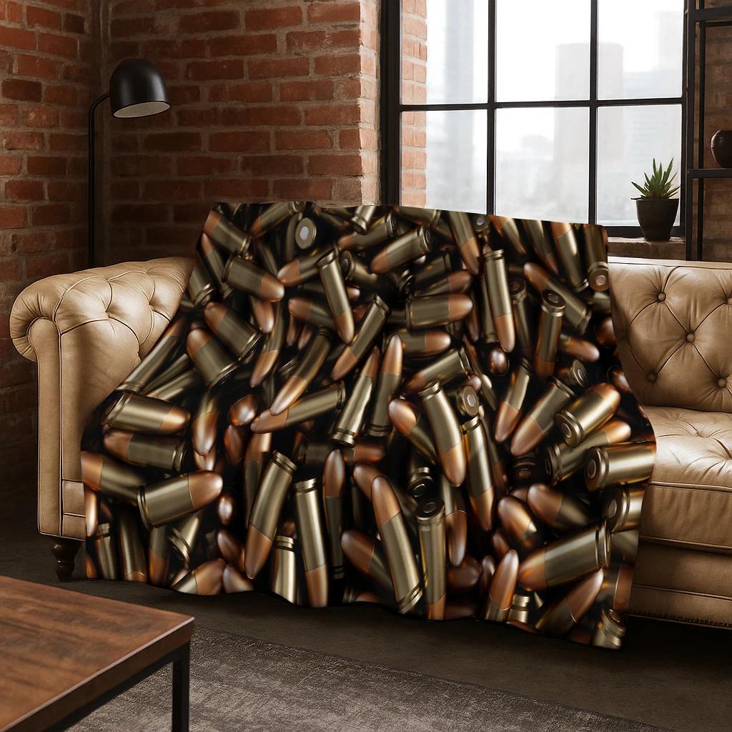 Military Bullet Gun Pattern Flannel Blanket Soft Warm Blanket for Bedroom Room Living Room Bed Office Travel Camping Picnic Gift