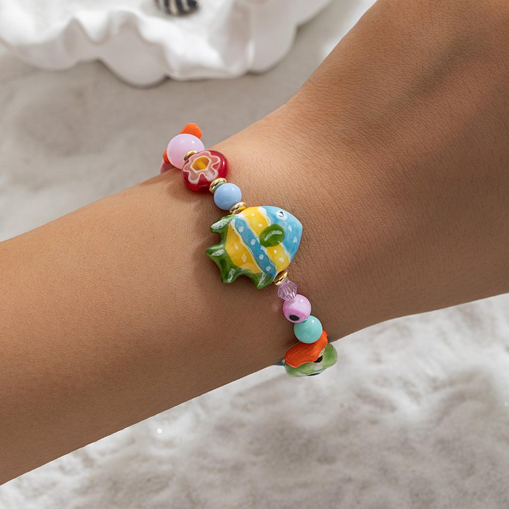 Women's Ocean Style Fish & Starfish Bracelet Summer Colored Ceramic Beaded Jewelry Vacation Style Accessories