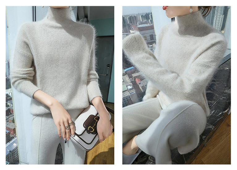 2024 Autumn/Winter Cashmere Mink Velvet Sweater - Half-High Collar, Solid Color, Thick Knit Base Layer.