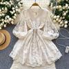 Women's Elegant V-neck Lantern Sleeve Waist Cinched A-line Skirt Design Embroidered Single Breasted Dress