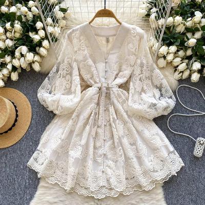 Women's Elegant V-neck Lantern Sleeve Waist Cinched A-line Skirt Design Embroidered Single Breasted Dress