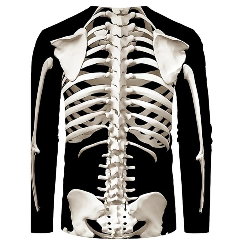 Summer Round Neck 3D Skull Pattern Printed Top, Fashionable and Casual Men's Long Sleeved T-shirts