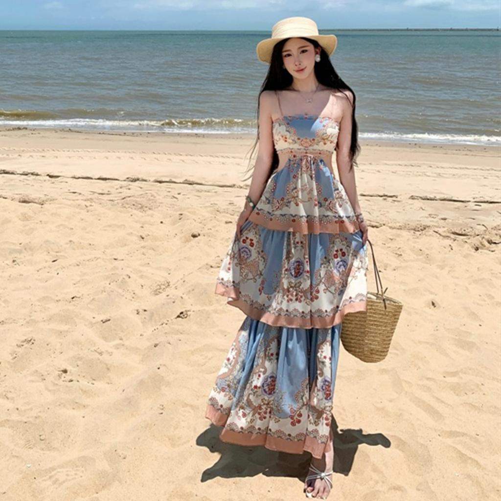 Bohemian Hollow Out Spaghetti-Strap Tiered Maxi Dress for Women Summer Sleeveless Backless Tie Up Slim Printed Beach Dress