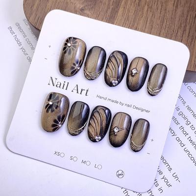 Schwarz-Gold Katzenaugen Nagelkunst Aufkleber: Retro-Stil, kurzes Oval, hochwertiges Gefühl, zum Aufkleben, handbemalt