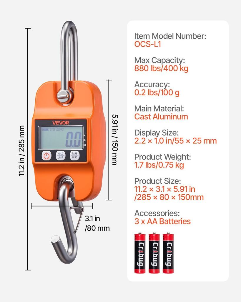 Digital Crane Scale, 880 lbs/400 kg Max Capacity, Handheld Hanging Scale with Cast Aluminum Case & LCD Display, 100 g Division & 3 Unit Switch,