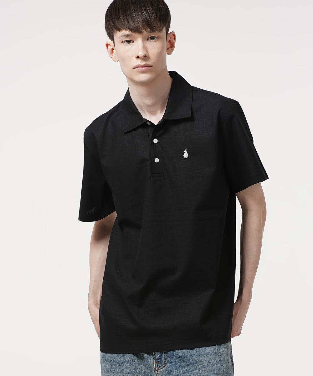 Black Linen Short-Sleeve Collared T-Shirt Black/L