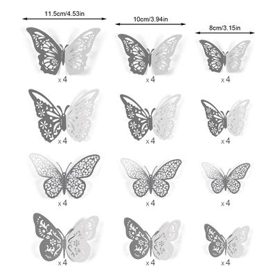 48 Stück Silber Schmetterlingsdekorationen Schmetterling Wanddeko 3D Schmetterling Partydekorationen Schmetterlinge für Bouquet Kuchen Dekoration