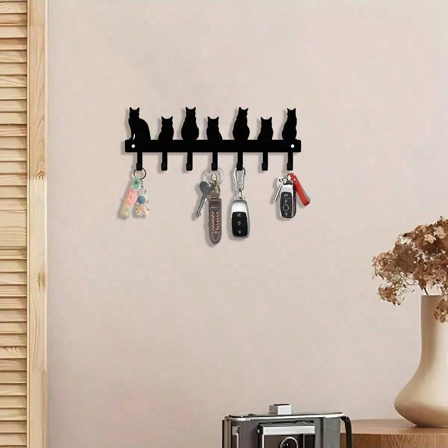 Black Metal Cat Key Hook Wall Mount, Multifunctional Home Decor & Perfect Gift