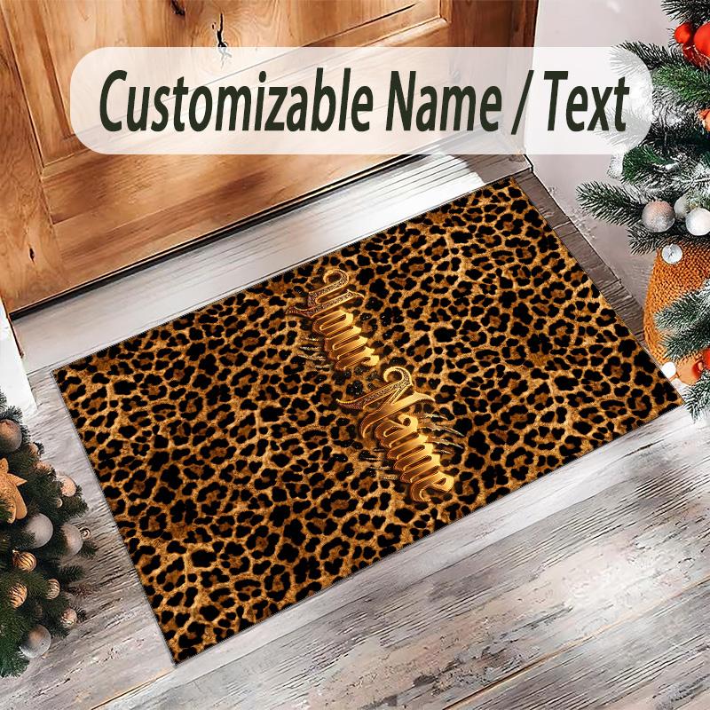 Leopard Theme Crystal Velvet Floor Rug Personalized Custom Name Text Warm Carpet Home Decoration