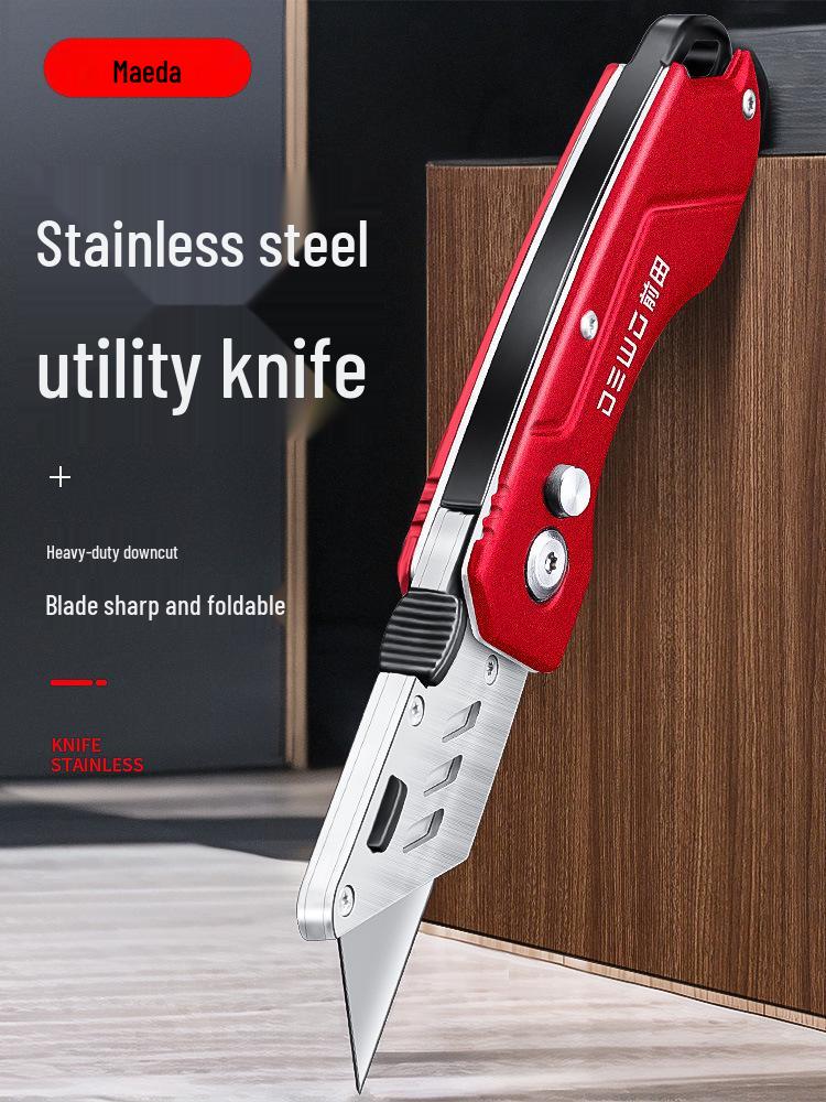 DEWO Heavy-Duty Stainless Steel Electrician's Folding Utility Knife with Cable and Wire Stripper, Thickened Hook.