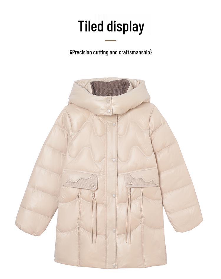 Women's Mid-Length Hooded Lace Pocket Down Jacket - 2025 Winter Slim Fit White Duck Down Coat