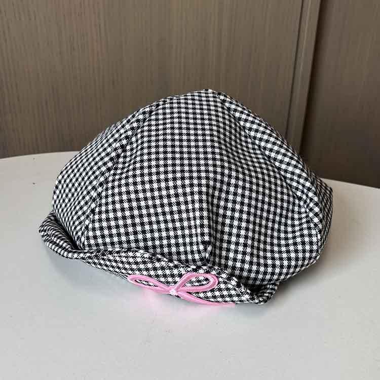 Handmade button bow beret women's plaid face small cloud hat retro versatile literary painter hat