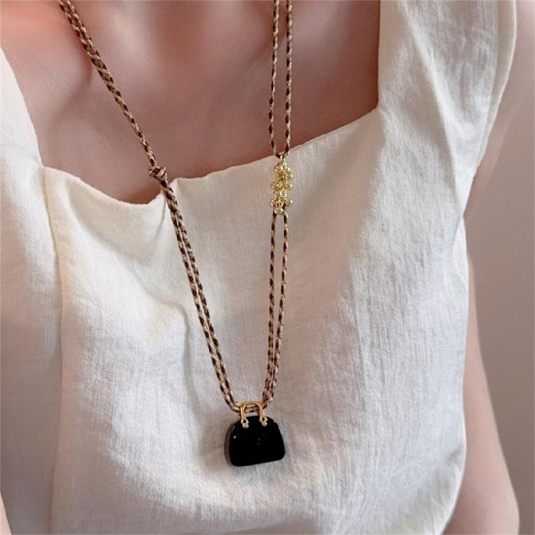 Artisanal Crafted Natural Tigers Eye Stone and Rope Bag Necklace Unique Design Comfortable Wear for Fashion Forward Women Accessory