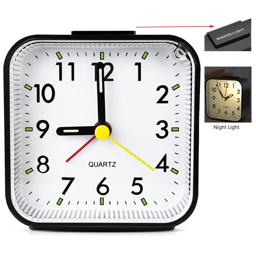 Small Quartz Analog Alarm Clock, White or Black Available, with Snooze Function, Built-in Night Light, Size 8x8x3.15cm, with Alarm Function, Desk