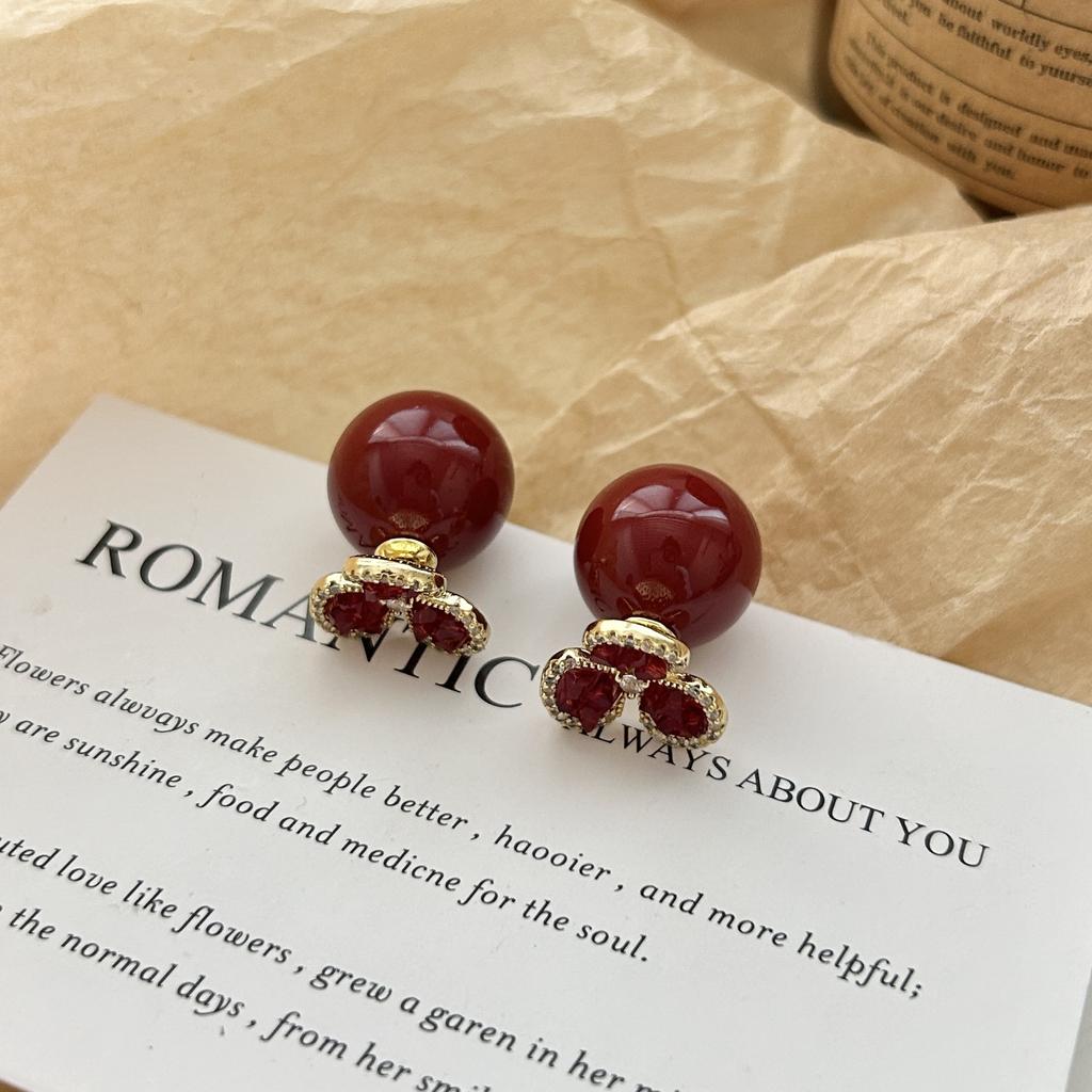 Red Zircon Flower Pearl Luxury Fashion Stud Earrings For Women