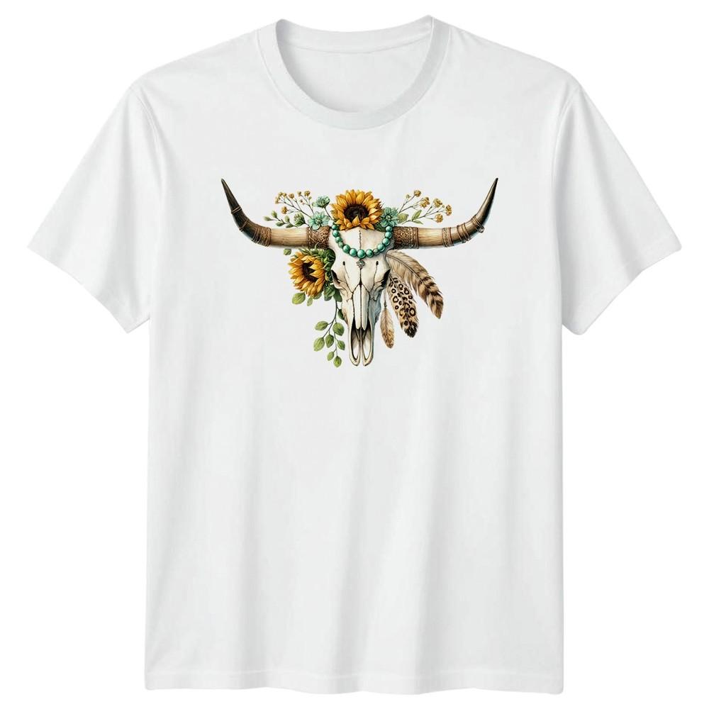 Bohemian Cow Skull Sunflowers Unisexs TShirt Floral Birthday Gift For Her S