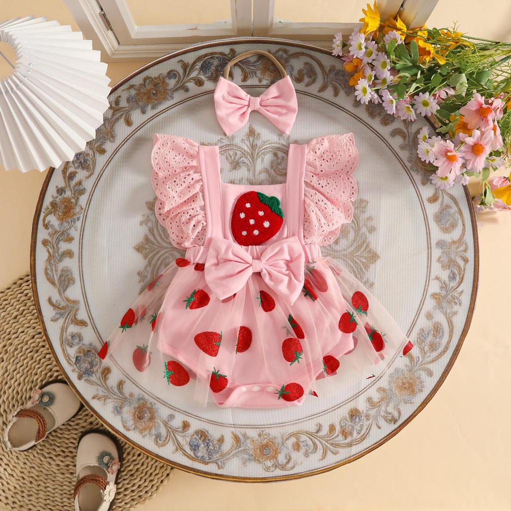 Vestito Estivo in Rete per Bambina con Spalline Arricciate e Fantasia di Fragole e Angurie Color Caramella, Include Gonna e Elastico per Capelli
