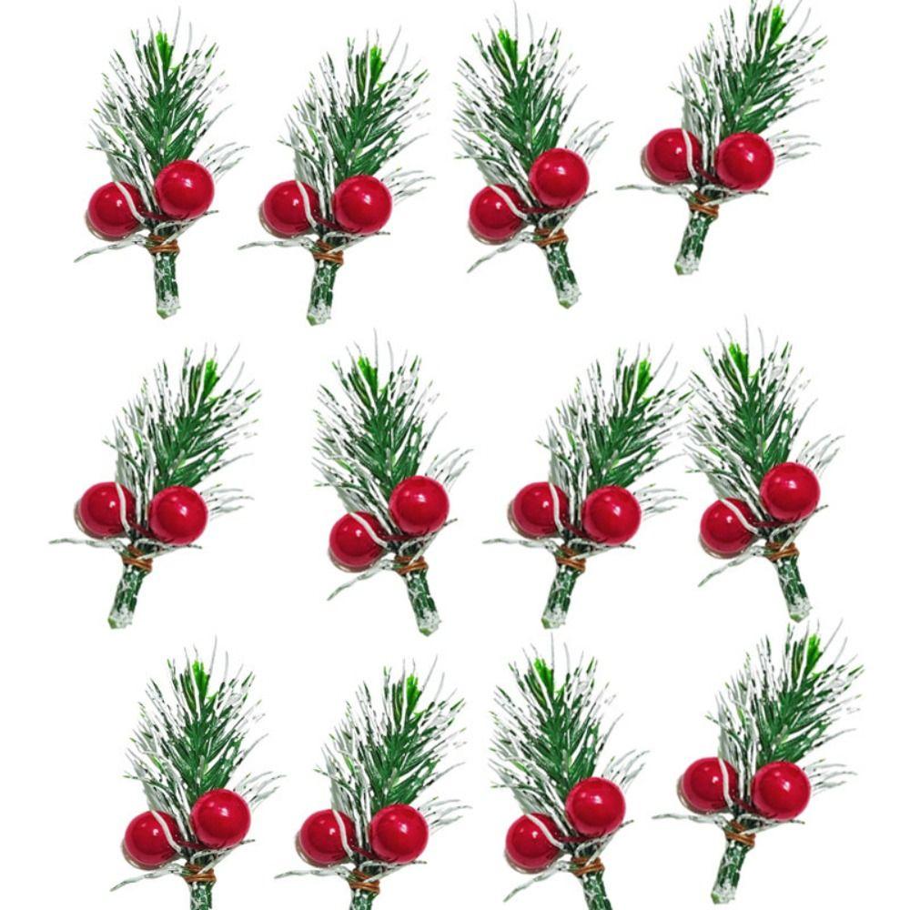 10PCS Green Artificial Pine Branches DIY Accessories Home Decoration Christmas Red Berries Stems Wrapping Wedding Ornament