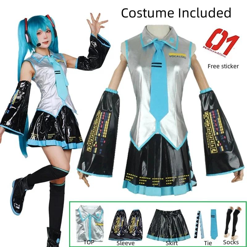 Miku Cosplay Full Silver Leather Fabric Costume Miku Cosplay Hats Costume Outfit JK Dress Sailor Uniform High School Uniform