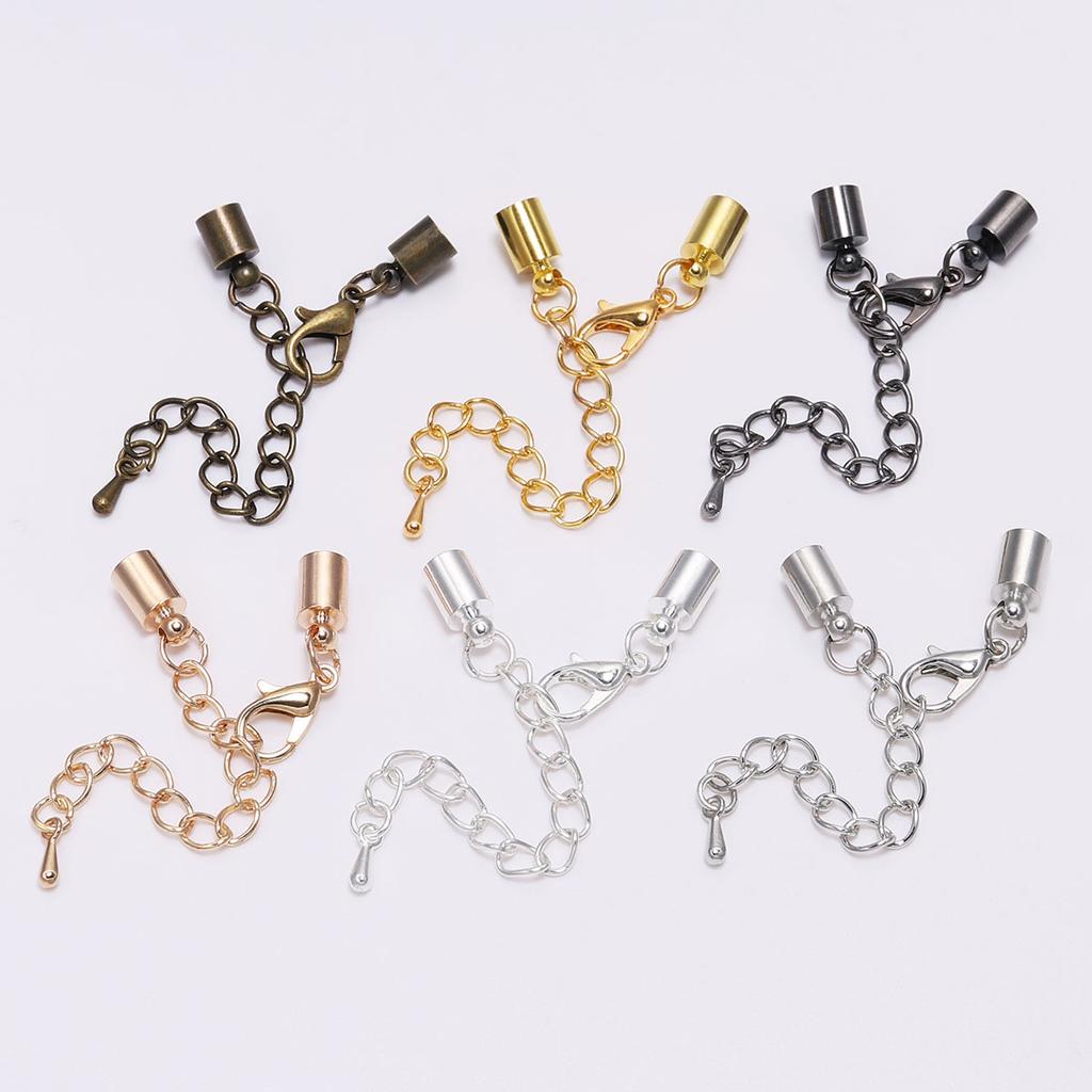 10pcs 3-10 Mm Tassel Round Leather End Tip Caps With Extending Chain Lobster Clasps Hooks Connectors For Jewelry Making Findings