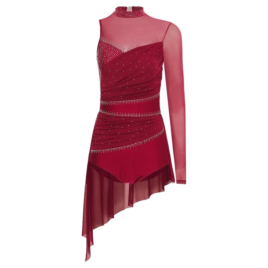 Damen Lyrisches Tanzkostüm Glitzernde Strasssteine Gerafftes Mesh-Overlay Asymmetrischer Rock-Leotard
