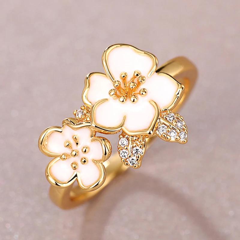 

New Aesthetic Flowers Women Rings Gold Color Romantic Female Finger-ring for Wedding Party Handmade Enamel Accessory Zircon 6