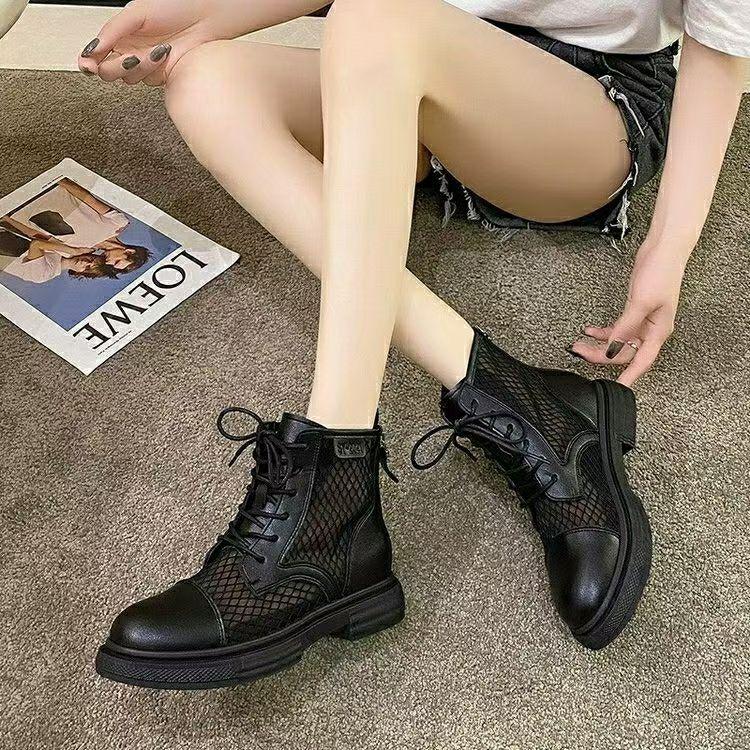 Spring Summer New Women's Mesh Hollow Out High Top Thin Boot Thick Sole Non Slip Breathable Lace Up Round Toe Low Heel Work Boot