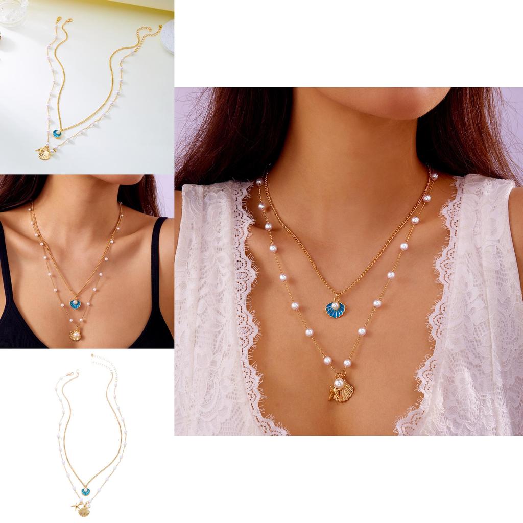 Geometric Pearl Pendant Chain With Shell And Starfish For Summer Beach Vacation