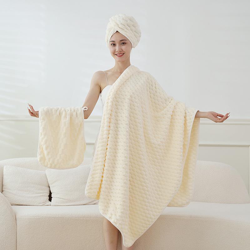 Coral Fleece Three-Piece Bath Set: Thick, Absorbent, Non-Shedding Towels with Hair Drying Cap.