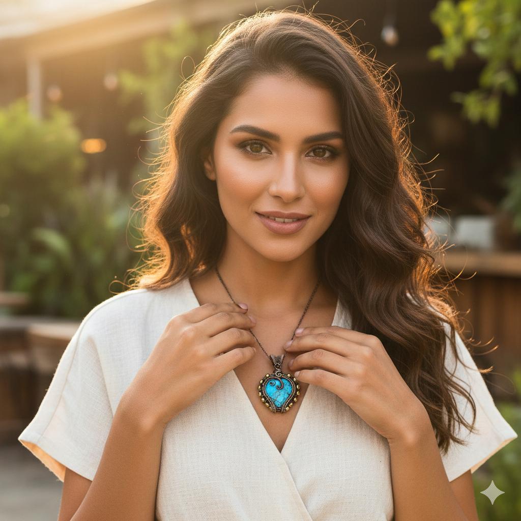 Handmade Wire Wrapped Turquoise Heart Pendant Oxidized Copper Jewelry Heart-Shaped Gemstone Pendant for Women