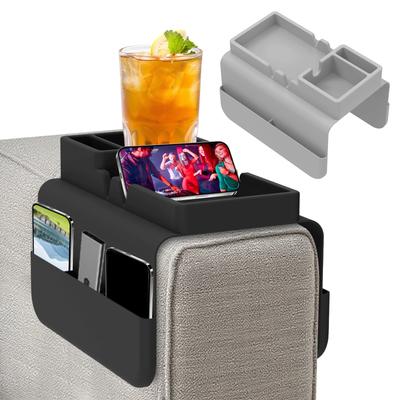 Sofa Cup Holder Silicone Sofa Armrest Tray with Side Pocket Dual Slot Beverage Snack Storage Phone Remote Control Organizer