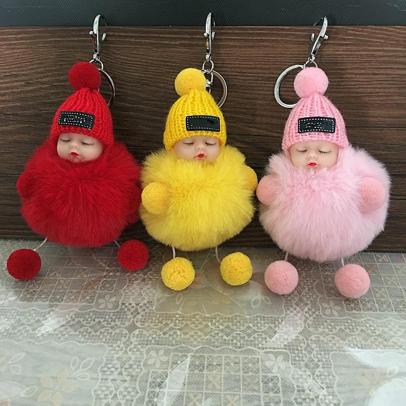 Fluffy PomPom Keychain Pendent Cute Sleeping Baby Doll Bowknot Key Chains Keyrings Bags Charm Pendant Fluffy PomPom Keychain Pendent Cute Sleeping Baby Doll Bowknot Key Chains Keyrings Bags Charm Pendant