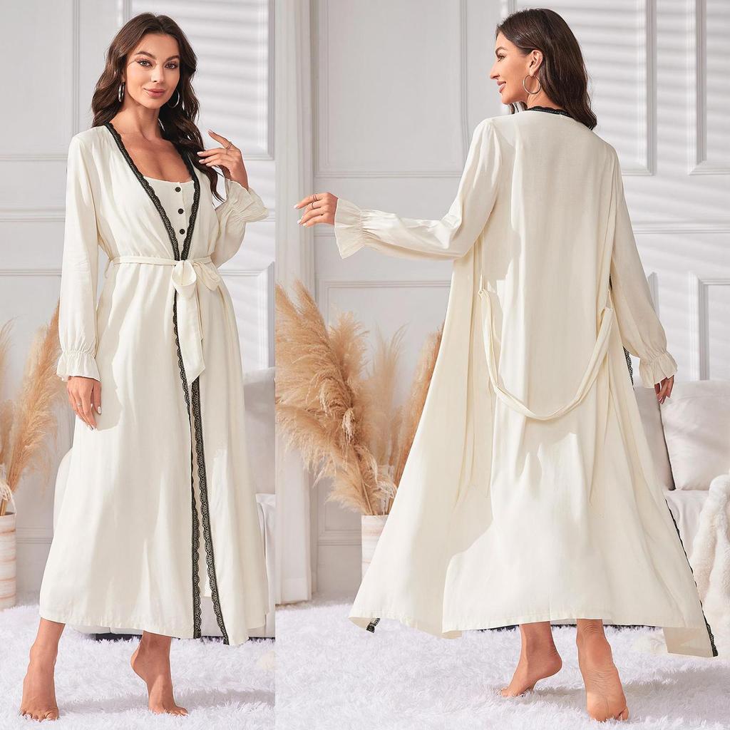 Women's Minimally Casual Mid Length Camisole Nightgown Night-robe Pajamas Sling Nightdress Lace Trim Long Sleeves Robe Home Casual Sleepwear