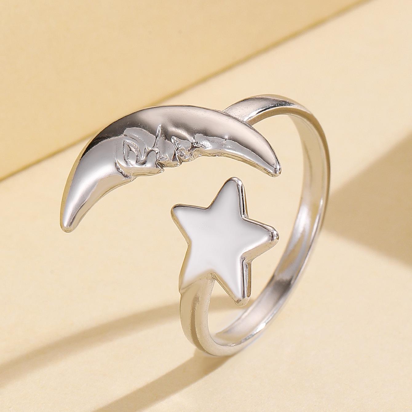 Retro Star and Moon 18K Gold Plated Stainless Steel Ring - Open Design Jewelry